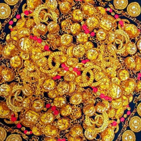 Authentic CHANEL Paris Silk Scarf – Gold Coin & Chain Print – Vintage 1990s –... - Picture 10 of 16